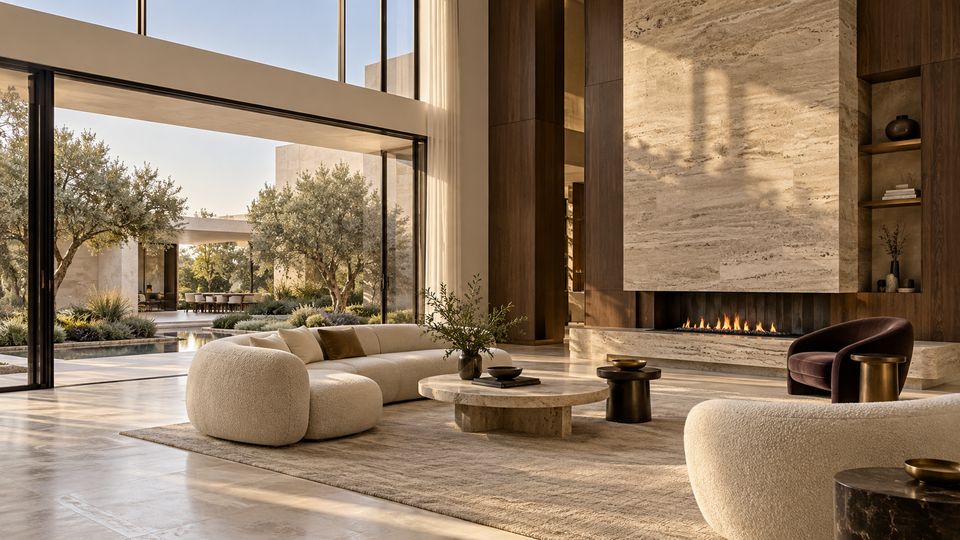 Sunlit villa living room with a travertine fireplace wall, walnut joinery, curved bouclé sofas and a garden view through floor-to-ceiling glass