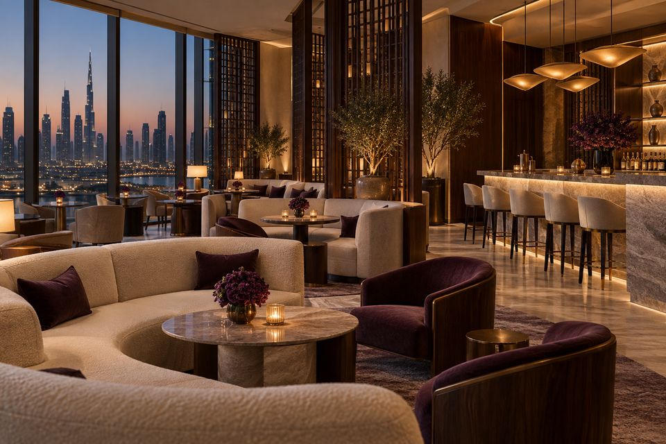 Hospitality lounge with curved banquette seating, timber screens, warm pendant lighting and a skyline view at dusk