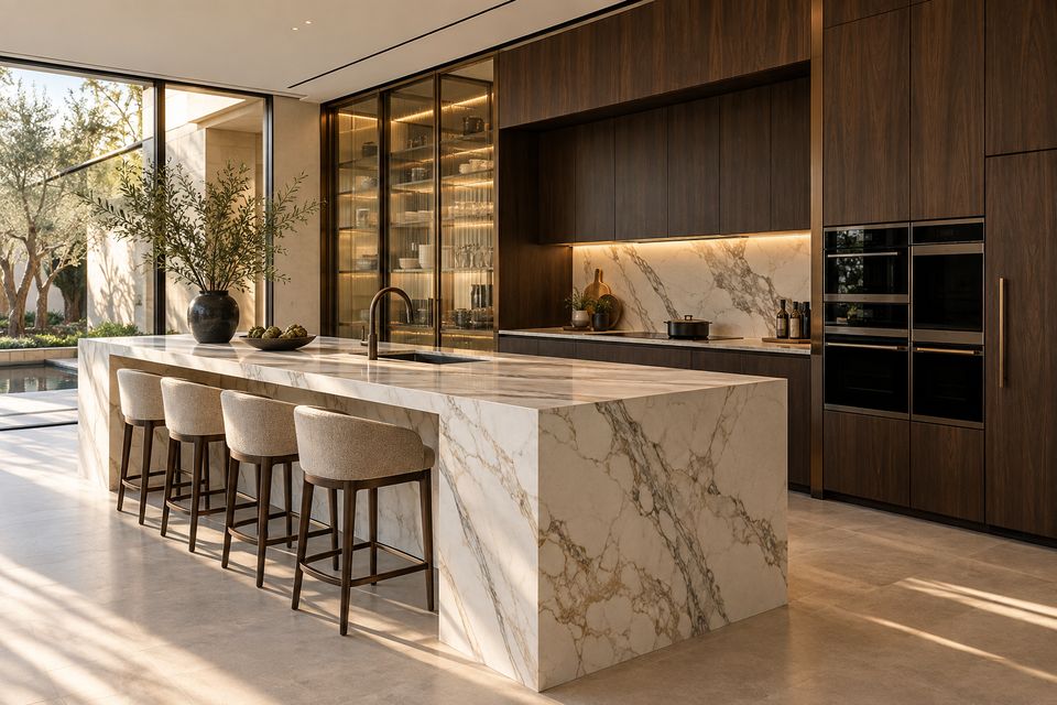 Kitchen with a waterfall Calacatta marble island, walnut tall units with integrated ovens and a lit marble splashback niche