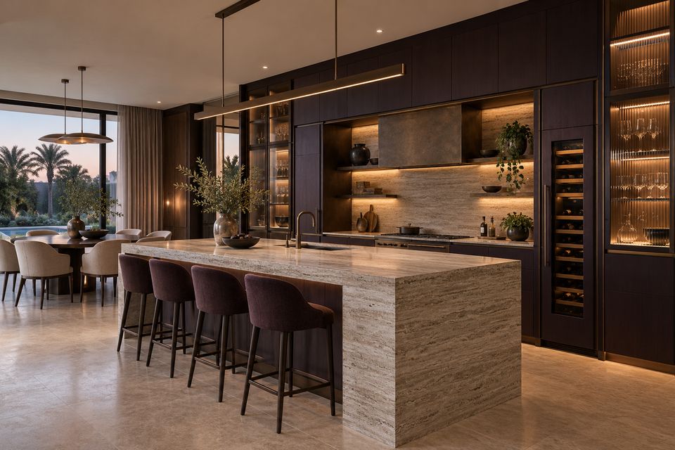Dark aubergine entertaining kitchen with a travertine island, lit glass display cabinets and a wine column