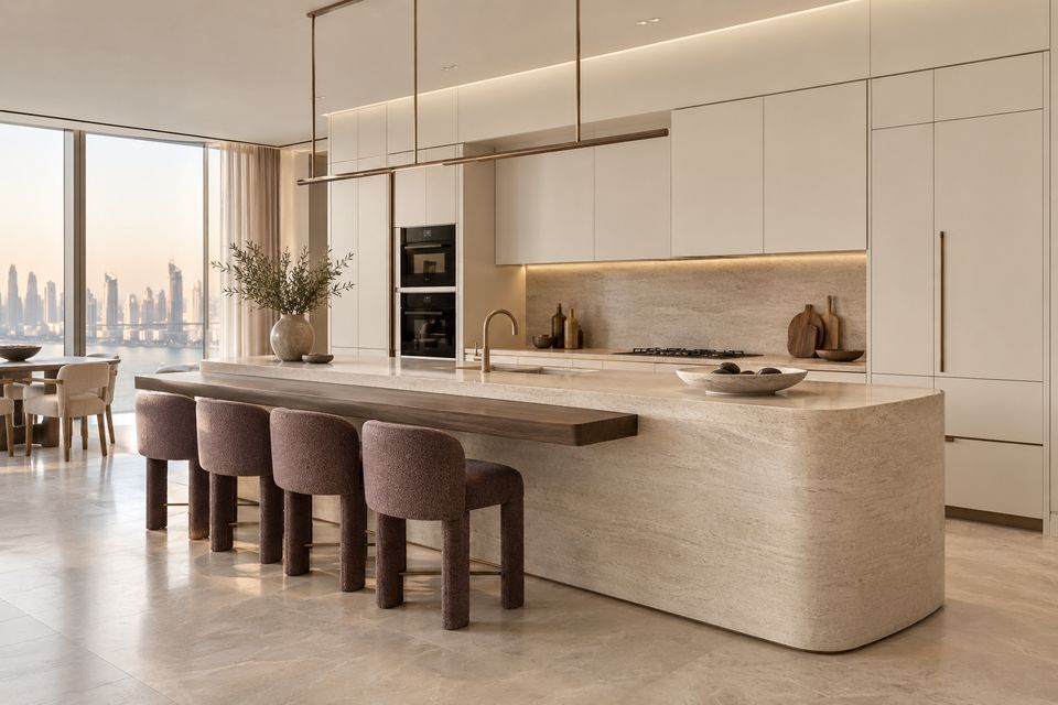 Ivory penthouse kitchen with handleless tall units, a curved travertine island, plum bar stools and a city view