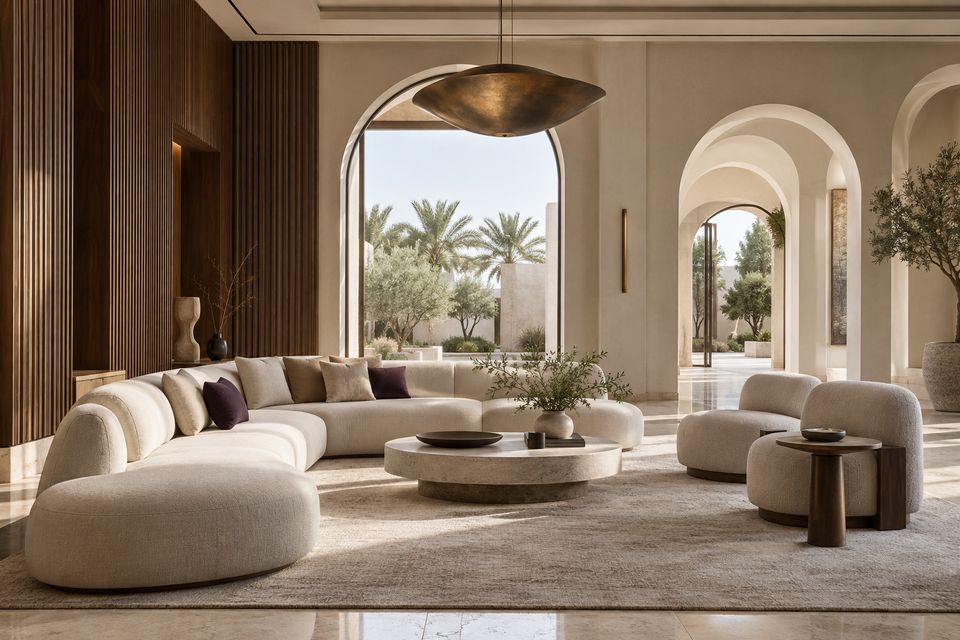 Majlis-style living room with arched openings, walnut wall panelling, a low curved sofa and a sculptural pendant light
