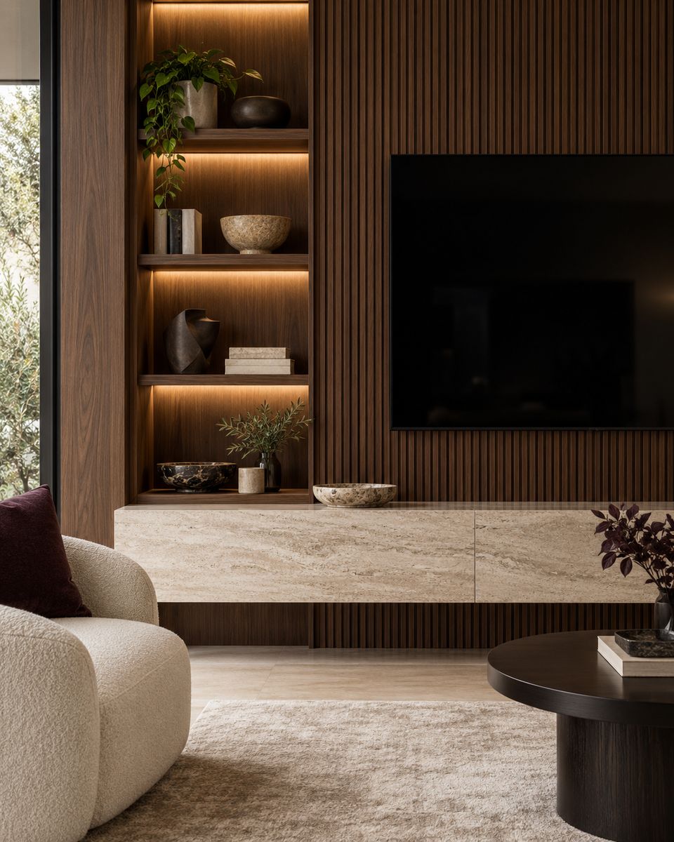 Walnut media wall with fluted panelling, lit display niches and a long stone-topped console