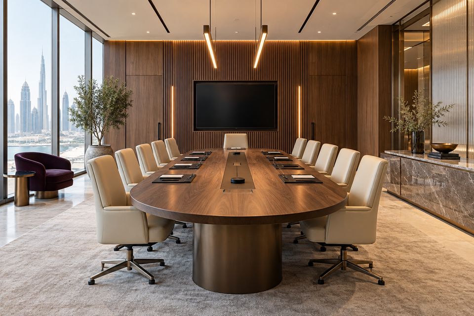 Office boardroom with a long walnut table, cream chairs, walnut wall panelling and a skyline view