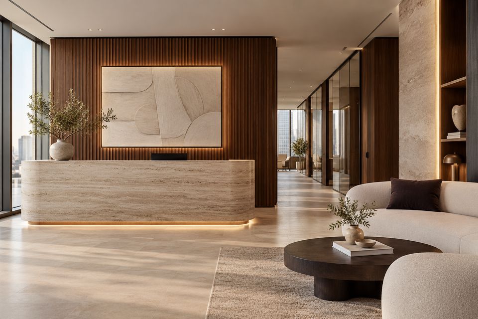 Office reception with a travertine-clad desk, fluted walnut feature wall and a lounge seating area