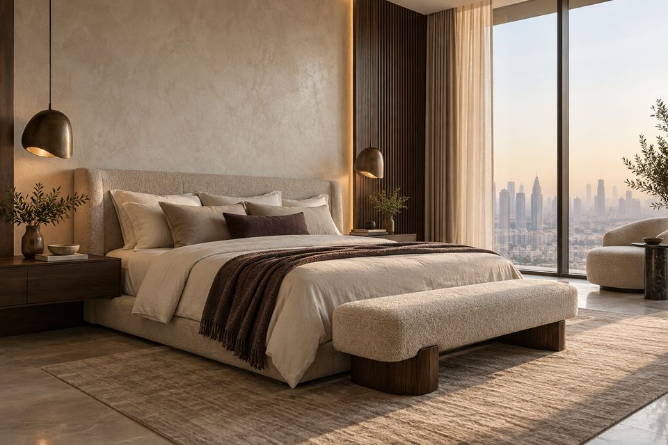 Penthouse bedroom with a plaster headboard wall, walnut side panels, layered linen bedding and a city skyline view