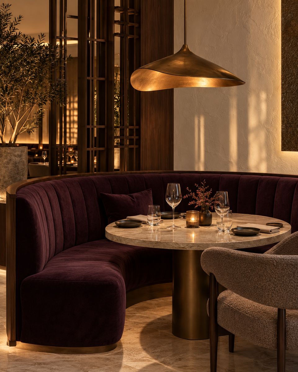 Restaurant booth with deep plum velvet seating, a round stone table and a brass pendant