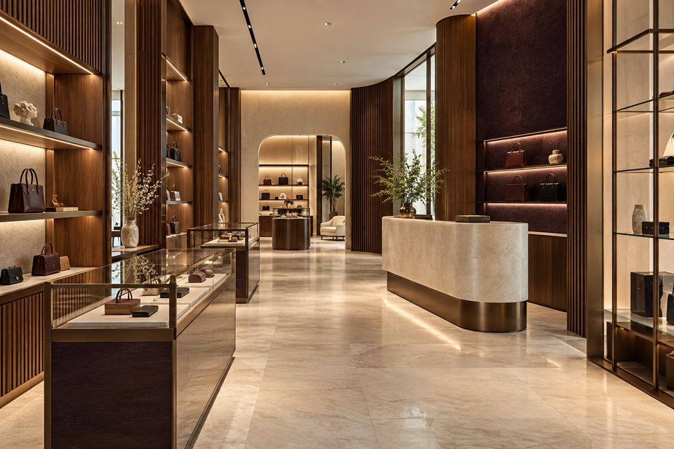 Boutique retail interior with walnut display joinery, lit shelving, glass counters and a travertine cash desk