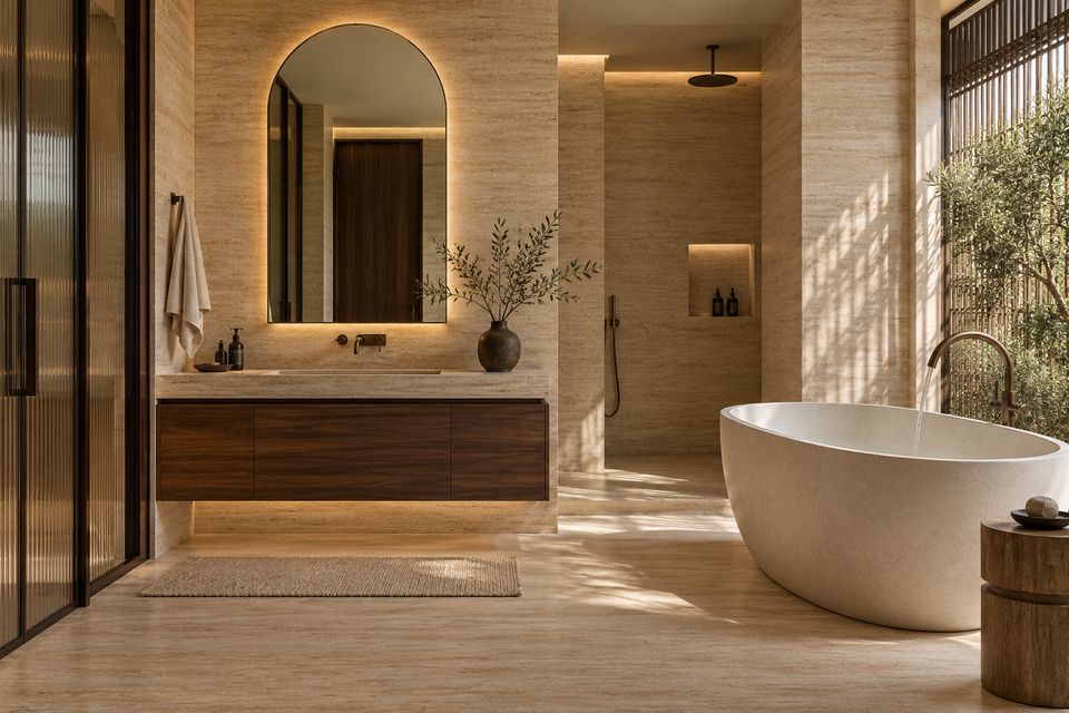 Spa bathroom with travertine walls, a floating walnut vanity, an arched mirror and a freestanding stone bath