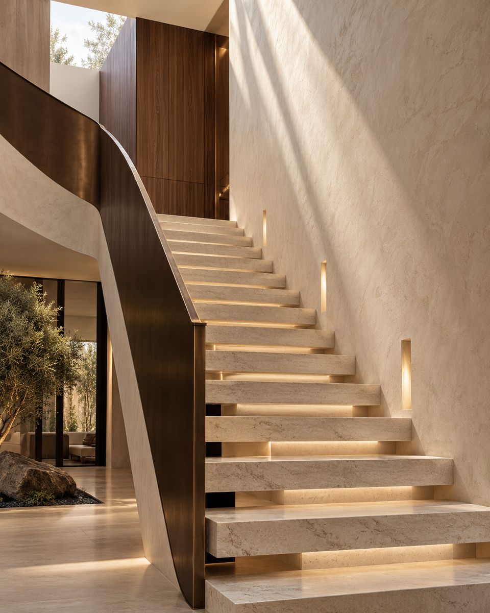 Floating stone staircase with a walnut-clad balustrade wall and soft step lighting