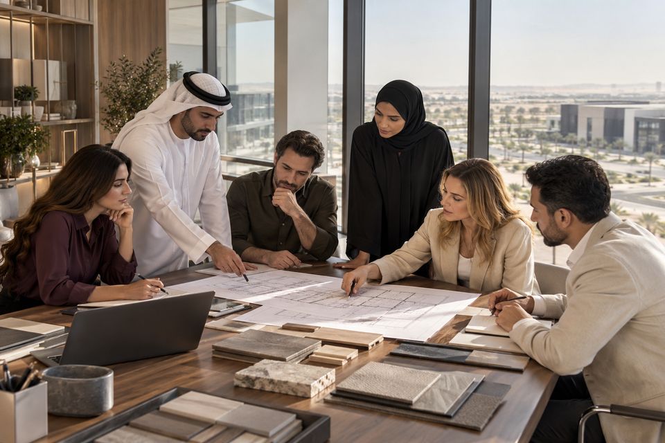 Illustrative image of a design team reviewing drawings and material samples around a studio table