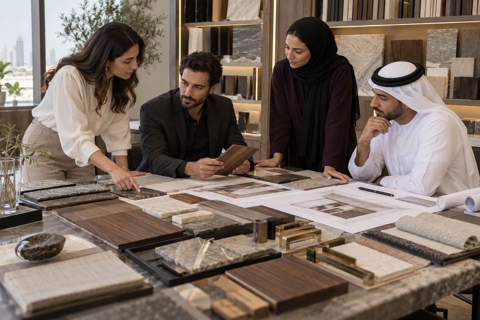 Illustrative image of a team comparing stone, timber and fabric samples during material selection