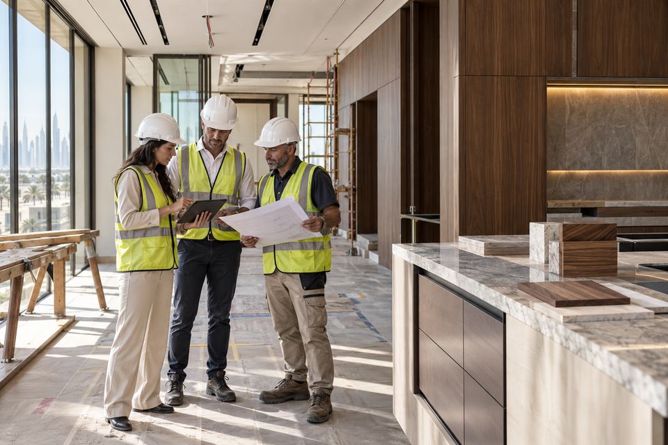 Illustrative image of a site team in safety gear reviewing drawings inside an interior under fit-out
