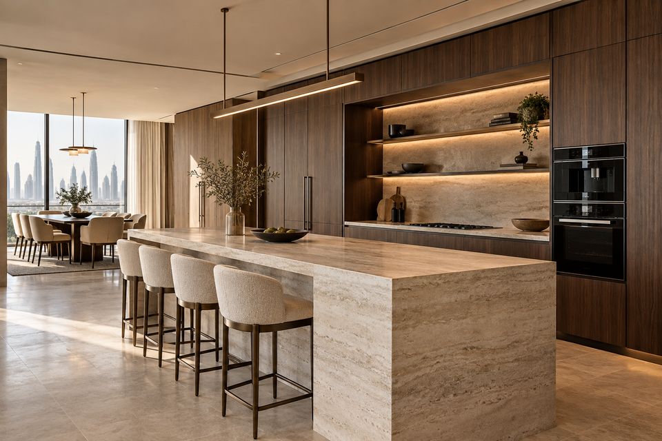 Kitchen with a travertine island, walnut tall units with lit open shelving and integrated ovens, and upholstered bar stools