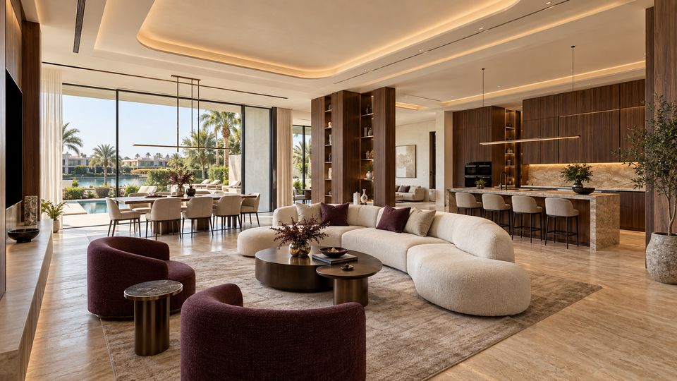 Renovated villa living and dining space with a curved sofa, plum armchairs, walnut joinery and a pool view