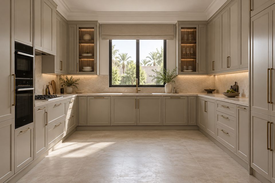Enclosed modern classic U-shaped kitchen with bespoke cabinetry by SOVA Designs