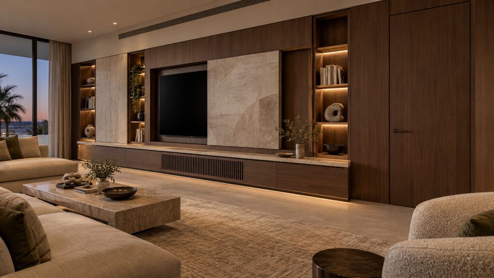Bespoke media wall with concealed television and integrated storage