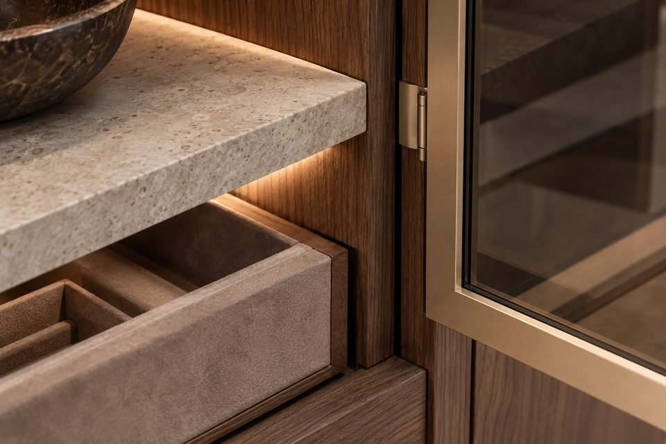 Macro detail of walnut, stone, smoked glass and champagne metal bespoke joinery
