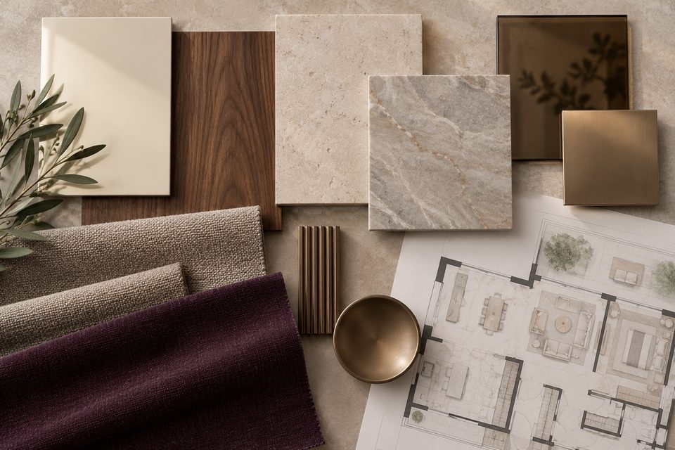 SOVA interior material palette with walnut, stone, glass, metal and plum textile samples