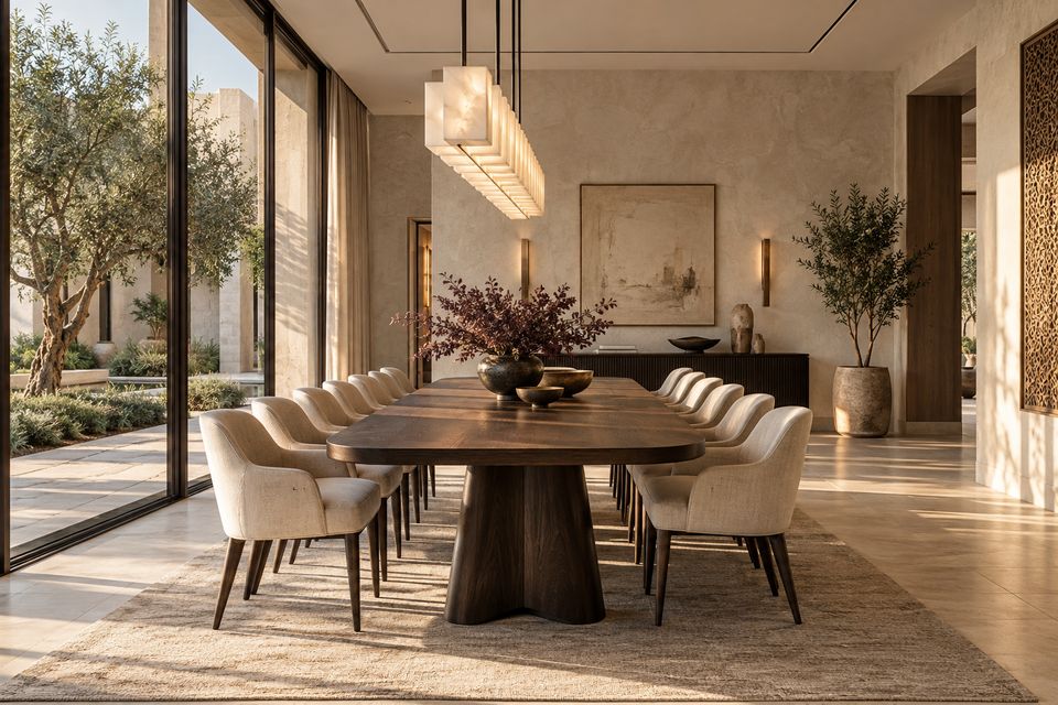 Villa dining room with a long walnut table, upholstered chairs, a linear pendant and garden views