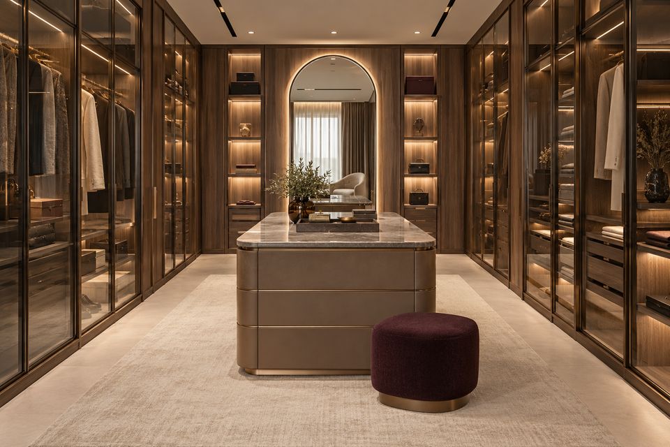 Walk-in wardrobe with lit glass-fronted walnut cabinets, an upholstered dressing island and an arched mirror
