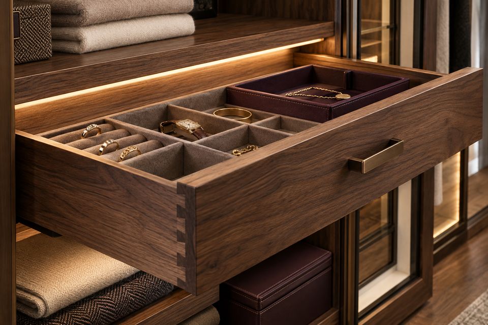 Close-up of a dovetailed walnut drawer with a velvet-lined jewellery insert and integrated lighting