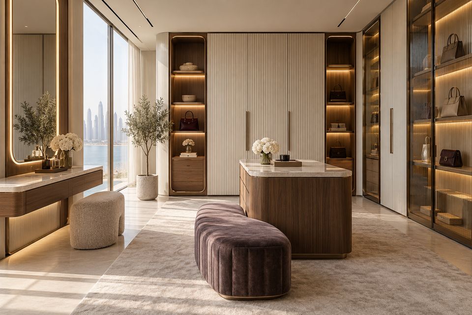 Ivory dressing room with glass-fronted display cabinets, a walnut island, vanity mirror and a plum velvet bench
