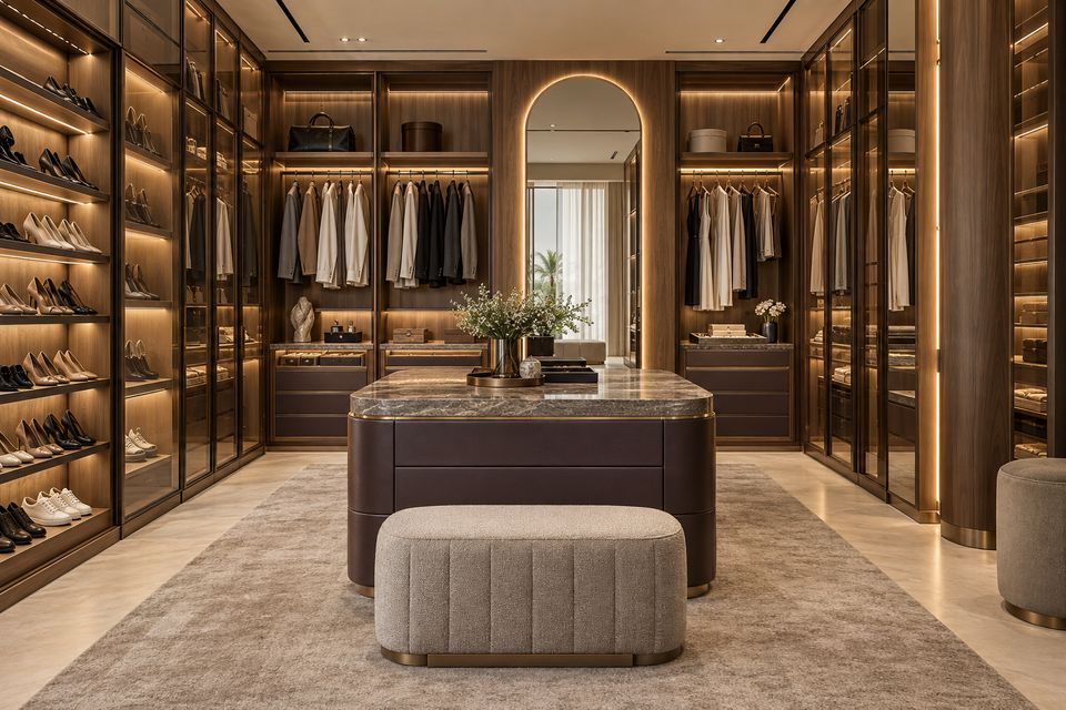 Walnut walk-in wardrobe suite with lit shoe and hanging sections, a central island and an upholstered bench