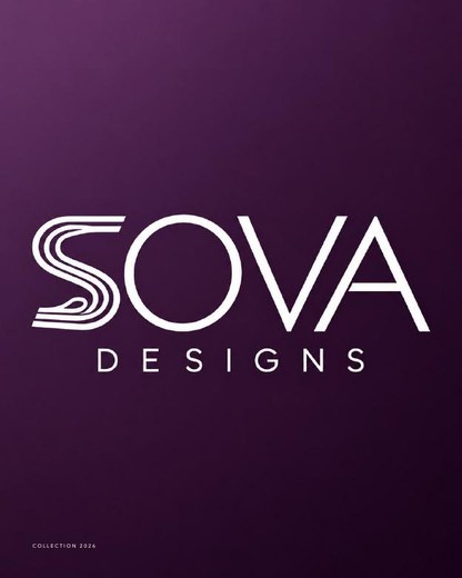 Cover of the SOVA Designs Collection 2026 catalogue: the SOVA Designs logo in white on a deep plum background